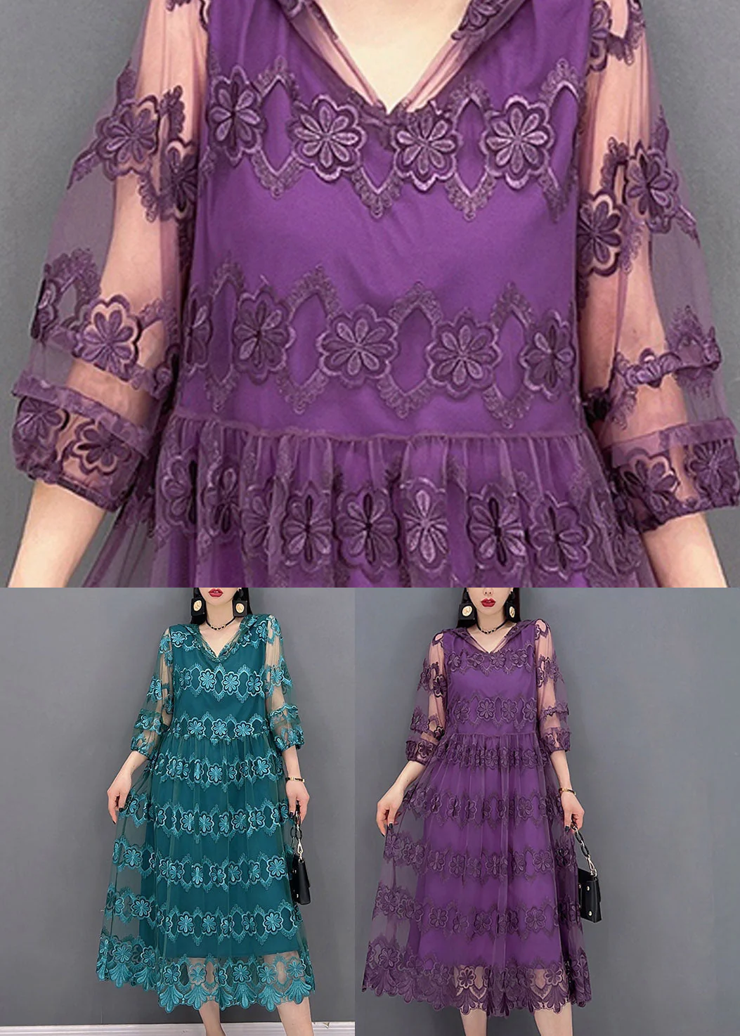 Blue V Neck Tulle Patchwork Hooded Dress Three Quarter sleeve - Image 5