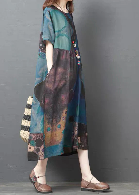 Blue Vintage Cotton Long Dresses asymmetrical design Short Sleeve - Image 2