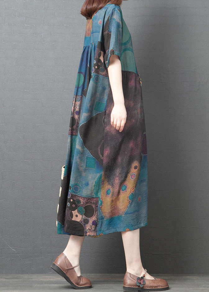 Blue Vintage Cotton Long Dresses asymmetrical design Short Sleeve - Image 3