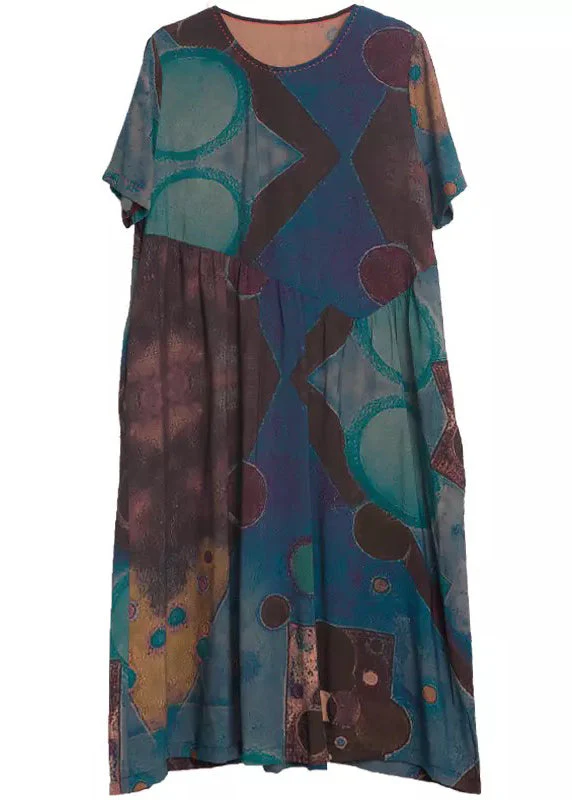 Blue Vintage Cotton Long Dresses asymmetrical design Short Sleeve - Image 4