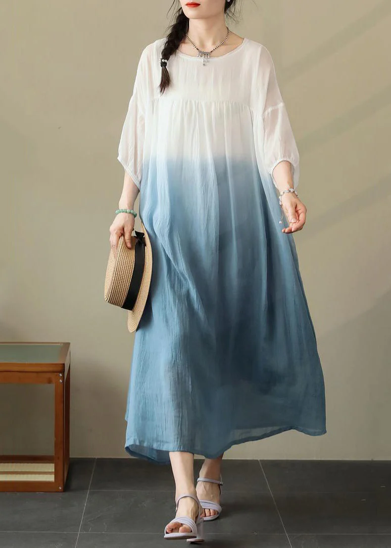 Blue Wrinkled Cotton Dresses O Neck Summer - Image 2
