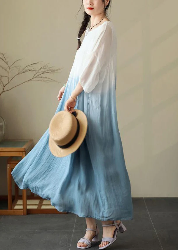 Blue Wrinkled Cotton Dresses O Neck Summer - Image 3