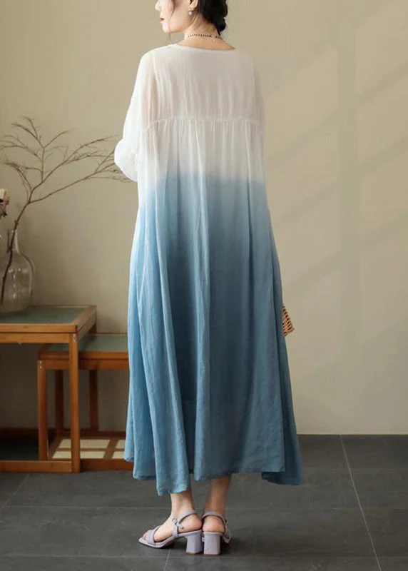 Blue Wrinkled Cotton Dresses O Neck Summer - Image 4