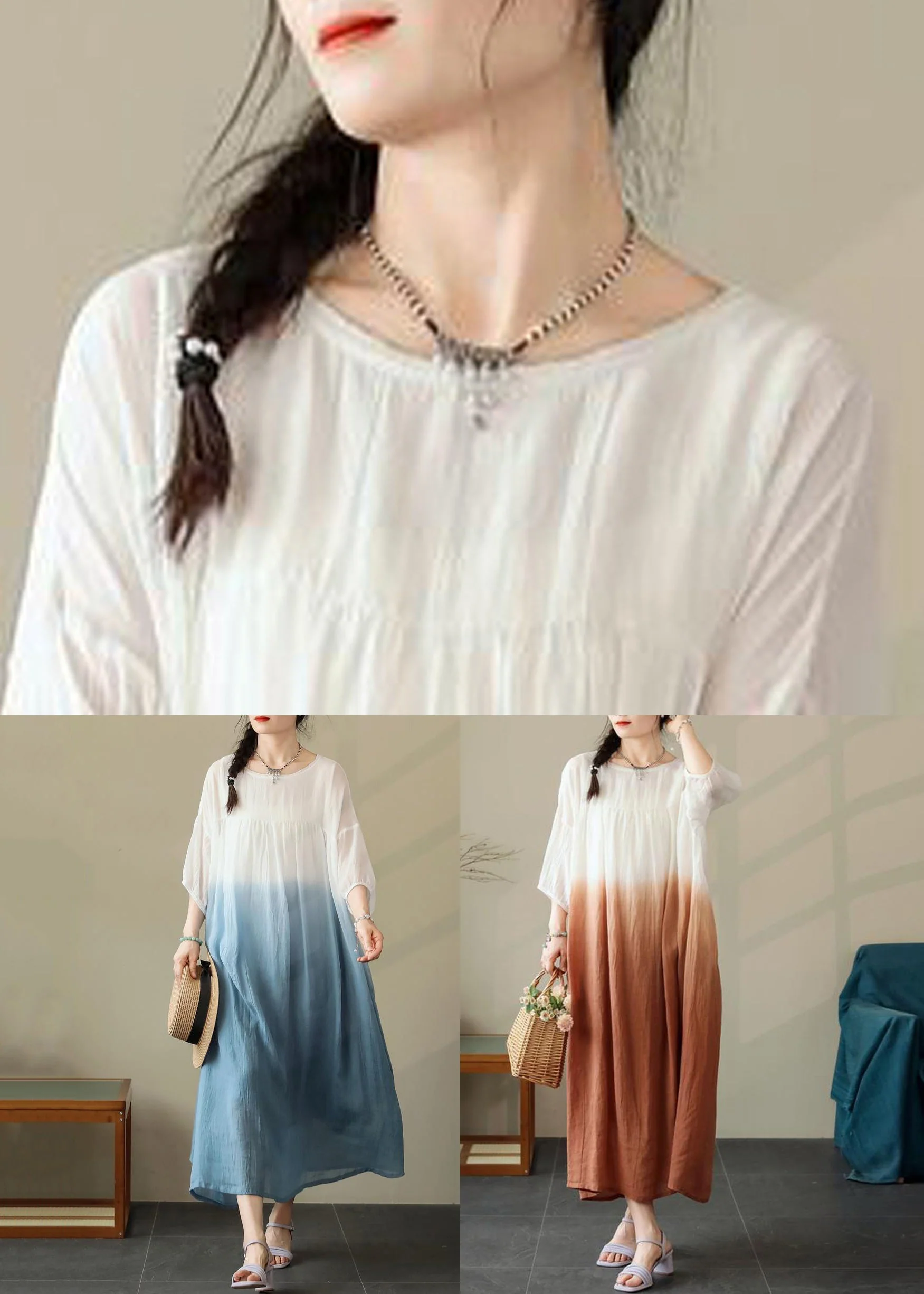 Blue Wrinkled Cotton Dresses O Neck Summer - Image 5
