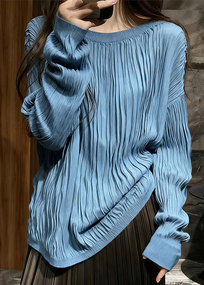 Blue Wrinkled Cozy Cotton T Shirt Top O Neck Long Sleeve - Image 2