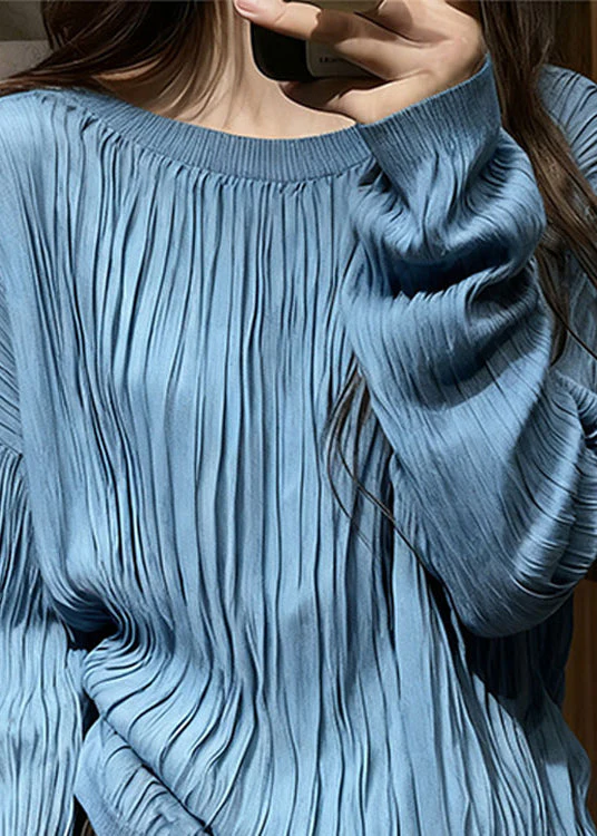 Blue Wrinkled Cozy Cotton T Shirt Top O Neck Long Sleeve - Image 3