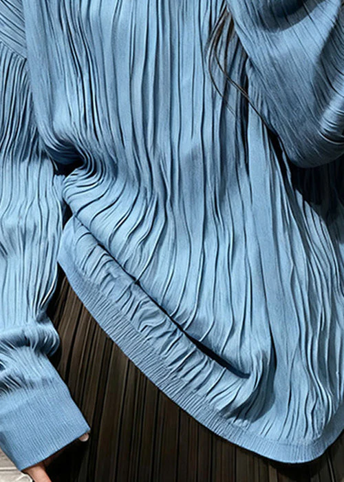 Blue Wrinkled Cozy Cotton T Shirt Top O Neck Long Sleeve - Image 4
