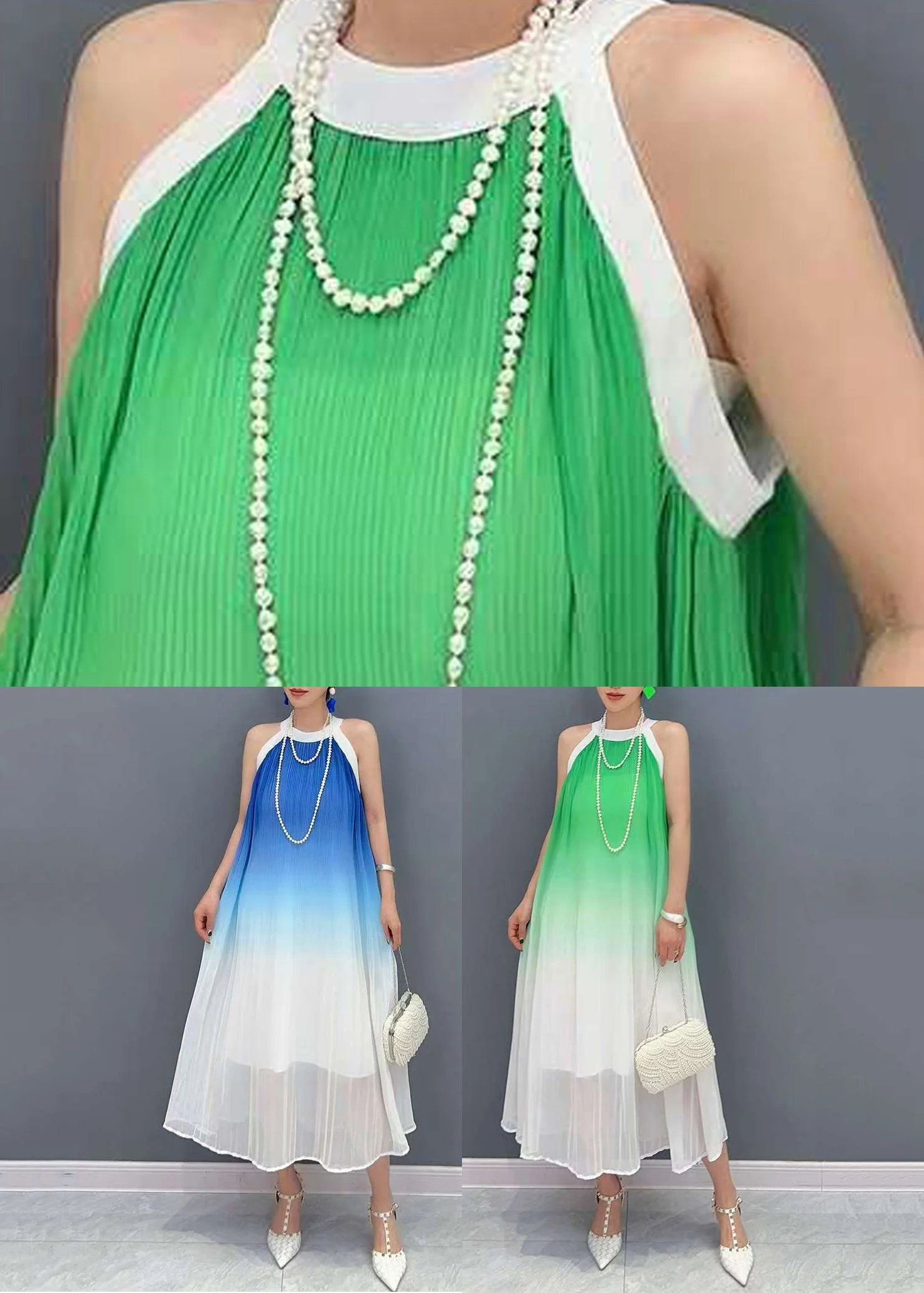 Blue Wrinkled Patchwork Chiffon Long Dresses Summer - Image 5
