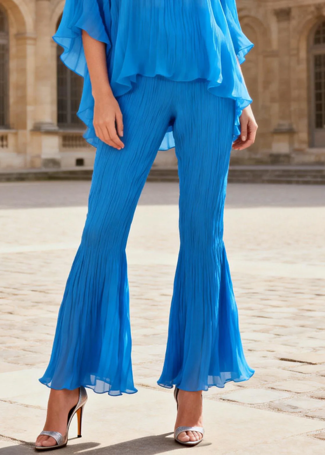 Blue Wrinkled Tops And Flared Trousers Two Piece Set O Neck Batwing Sleeve - Image 4