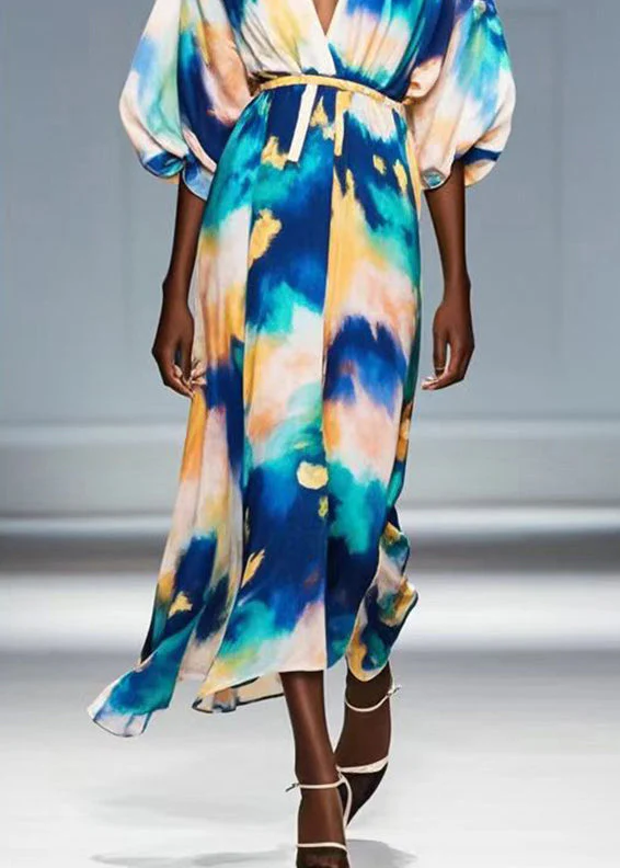 bobo Blue Tie Dye Chiffon Dress V Neck Lantern Sleeve - Image 4