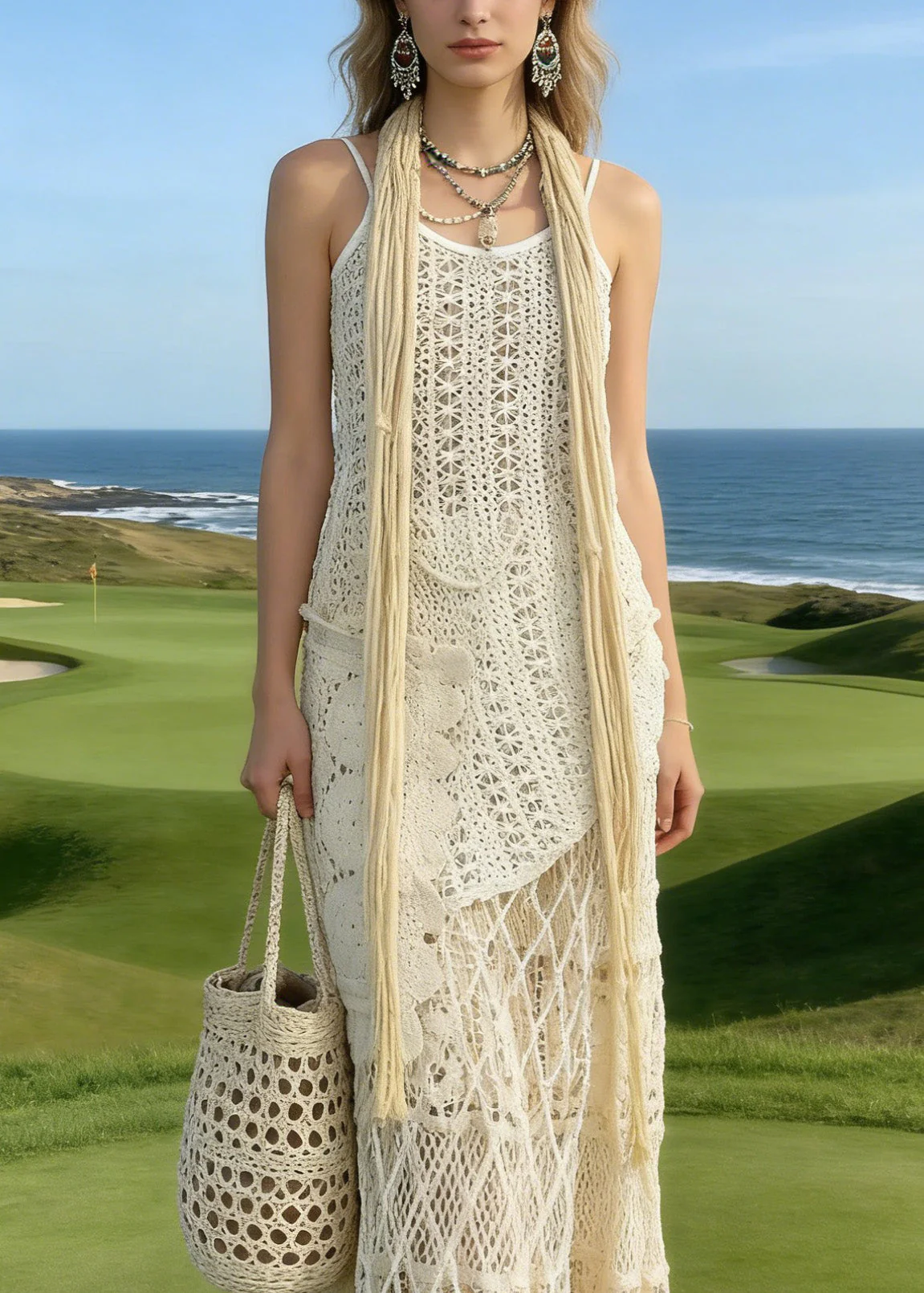 Bohemian Apricot Asymmetrical Lace Knit Two Piece Suit Set Summer - Image 2