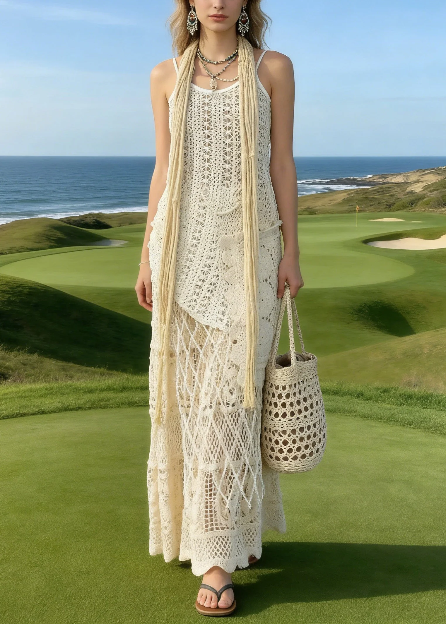 Bohemian Apricot Asymmetrical Lace Knit Two Piece Suit Set Summer - Image 3