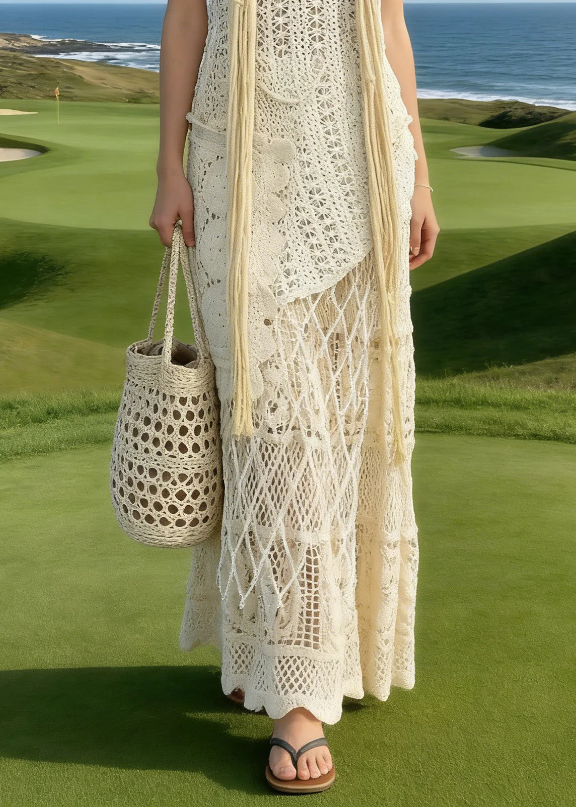 Bohemian Apricot Asymmetrical Lace Knit Two Piece Suit Set Summer - Image 4