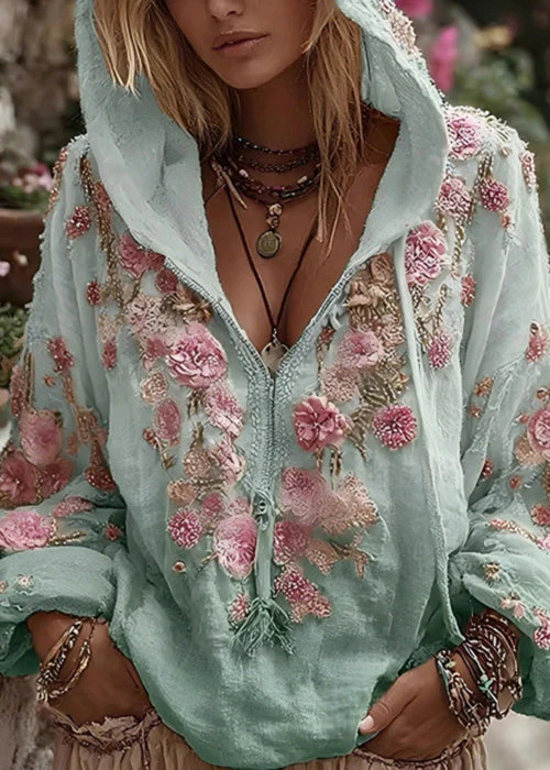 Bohemian Apricot Hooded Print Cotton Sweatshirt Spring - Image 3
