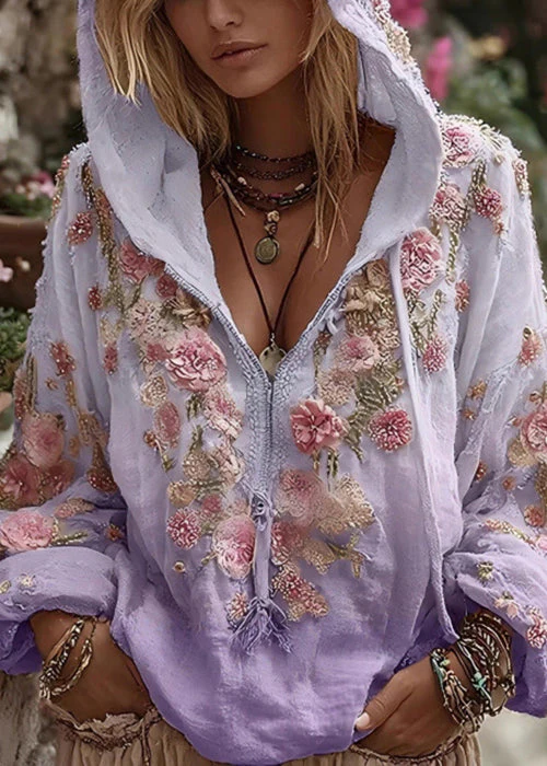 Bohemian Apricot Hooded Print Cotton Sweatshirt Spring - Image 4