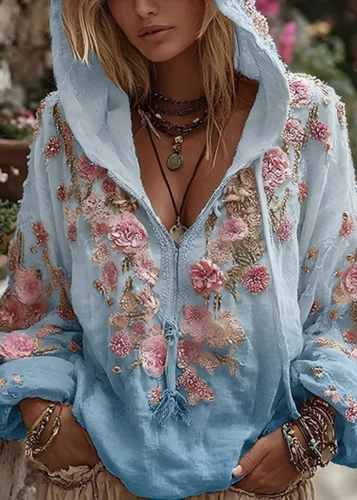 Bohemian Apricot Hooded Print Cotton Sweatshirt Spring - Image 5