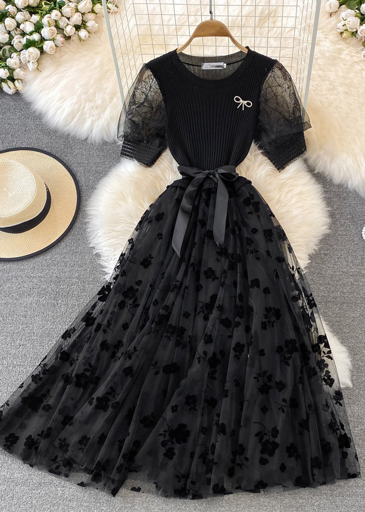 Bohemian Apricot O-Neck Embroideried Bow Tie Waist Knit Patchwork Tulle Maxi Dress Short Sleeve - Image 2
