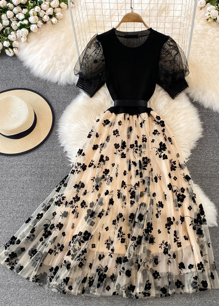 Bohemian Apricot O-Neck Embroideried Bow Tie Waist Knit Patchwork Tulle Maxi Dress Short Sleeve - Image 3