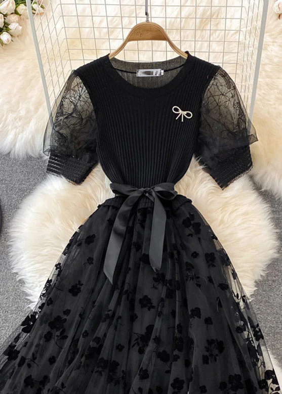 Bohemian Apricot O-Neck Embroideried Bow Tie Waist Knit Patchwork Tulle Maxi Dress Short Sleeve - Image 4