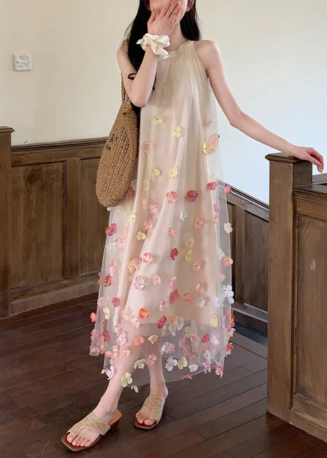 Bohemian Apricot Oversized Floral Decorated Tulle Holiday Dresses Sleeveless - Image 3
