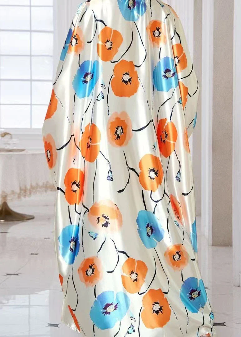 Bohemian Apricot Oversized Print Silk Holiday Dress Summer - Image 3