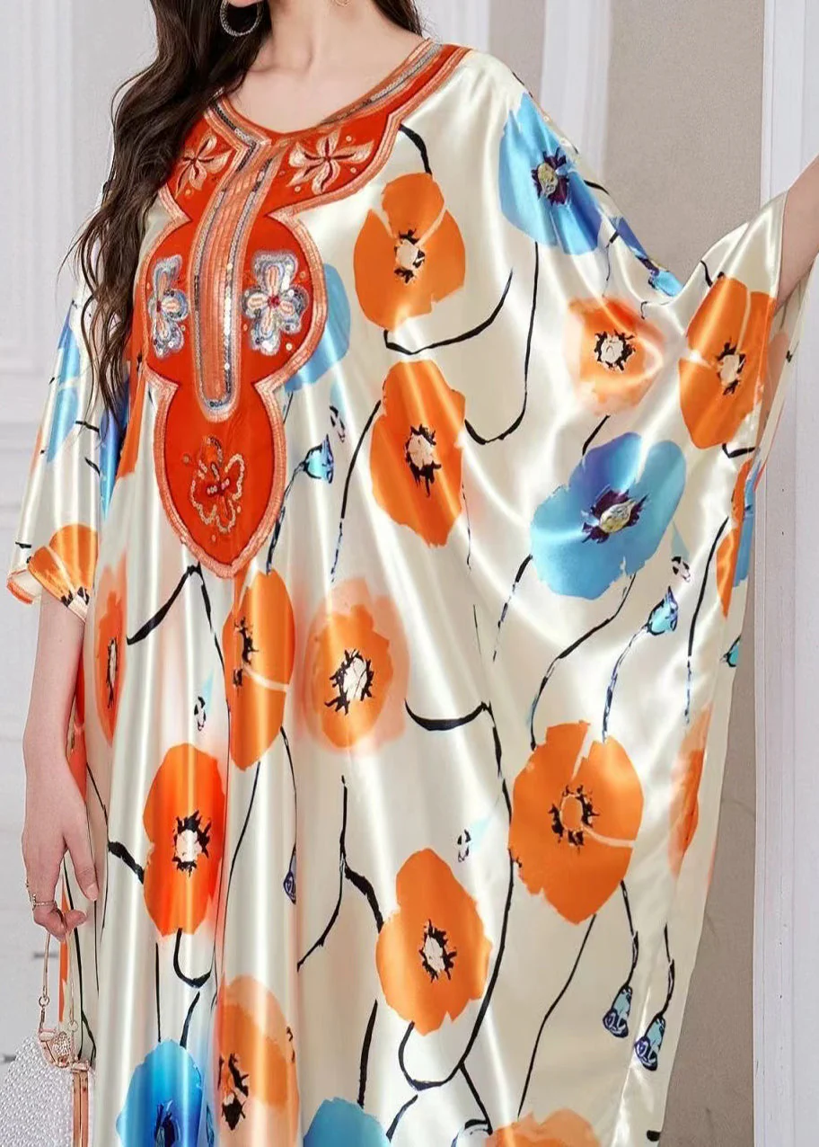Bohemian Apricot Oversized Print Silk Holiday Dress Summer - Image 4