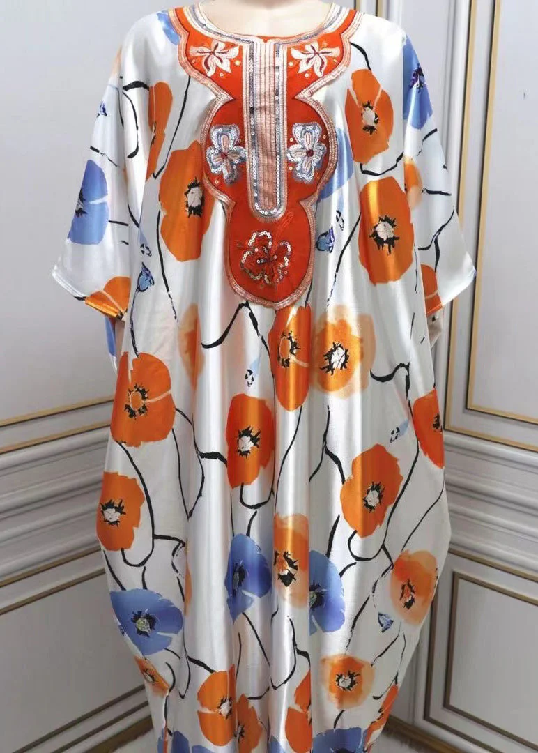 Bohemian Apricot Oversized Print Silk Holiday Dress Summer - Image 5