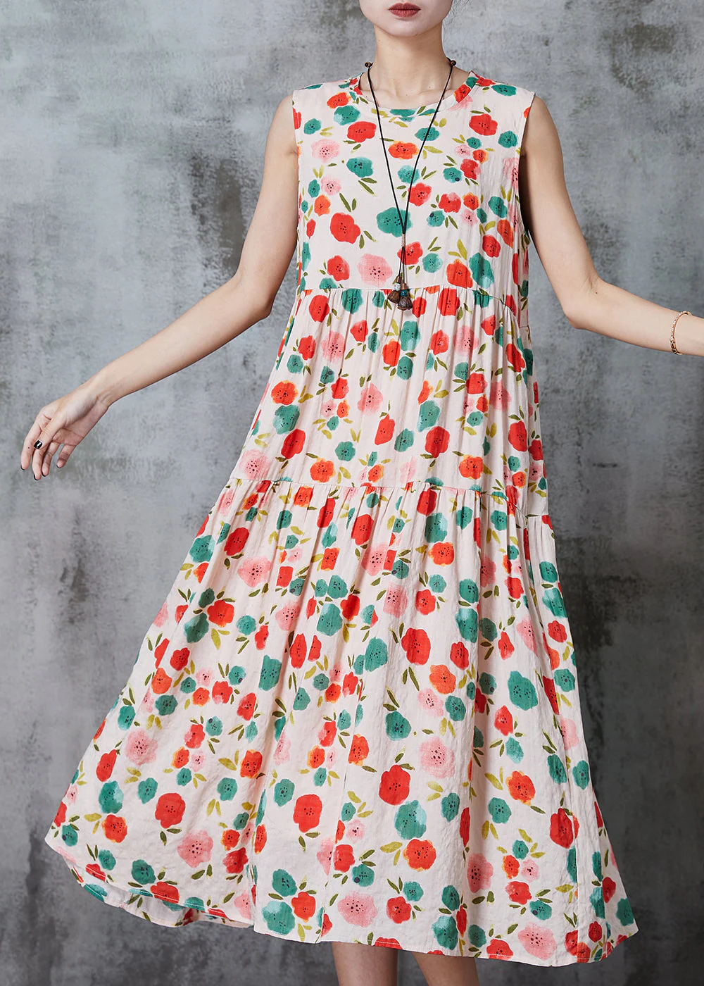 Bohemian Apricot Print Cotton Beach Dress Summer - Image 3