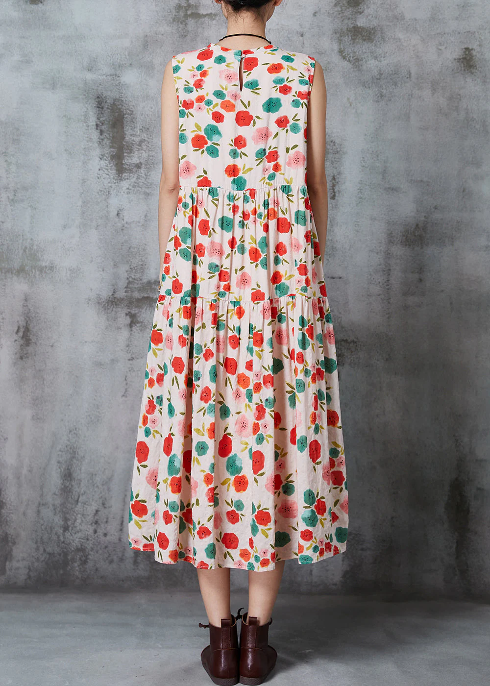 Bohemian Apricot Print Cotton Beach Dress Summer - Image 4