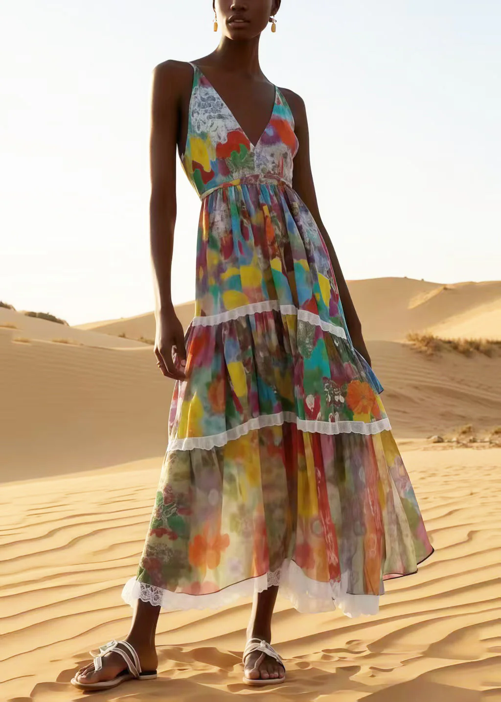 Bohemian Apricot Print Patchwork Lace Chiffon Sundress Summer - Image 5