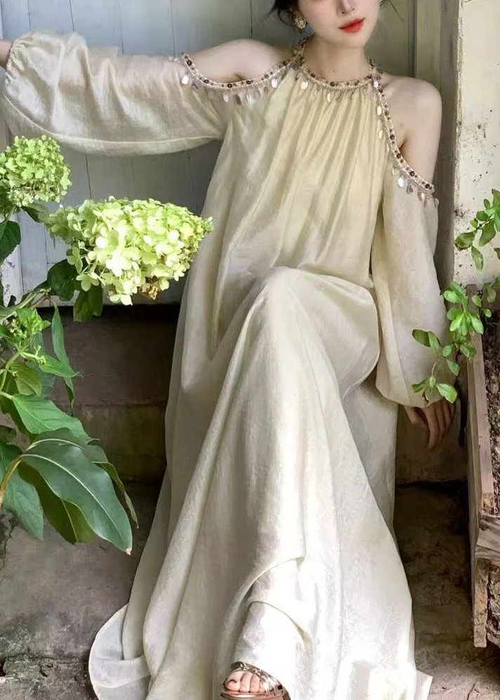 Bohemian Apricot Sequins Cold Shoulder Lantern Sleeve Silk Long Dress - Image 2