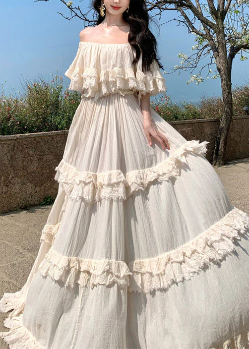 Bohemian Apricot Slash Neck Ruffled Cotton Exra Large Hem Dress Summer - Image 2