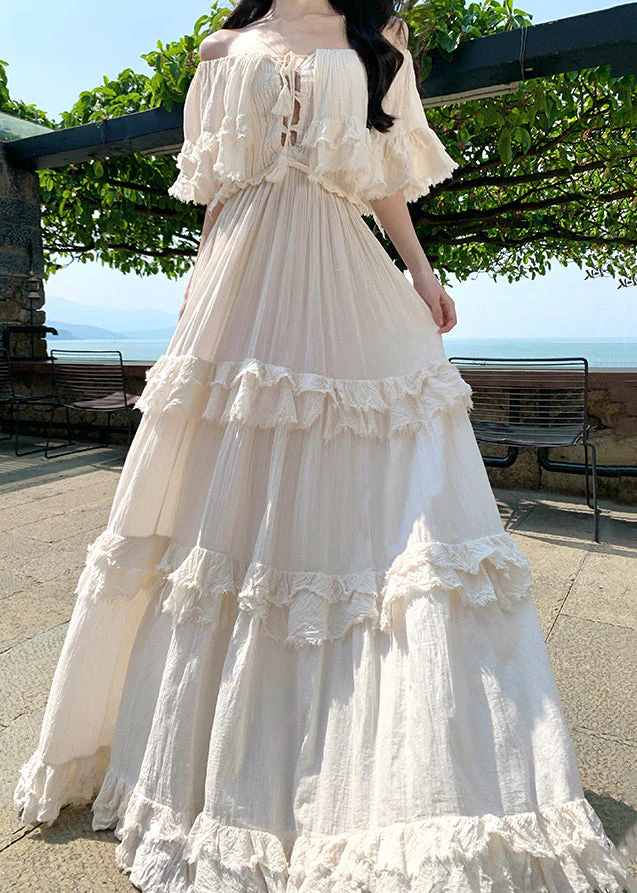 Bohemian Apricot Slash Neck Ruffled Cotton Exra Large Hem Dress Summer - Image 3
