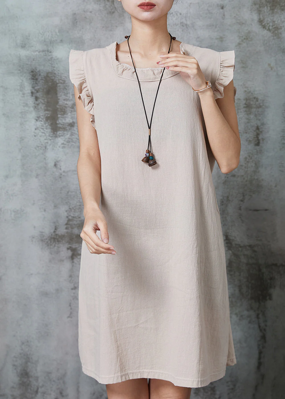 Bohemian Apricot Tie Waist Cotton Mini Dress Summer - Image 3