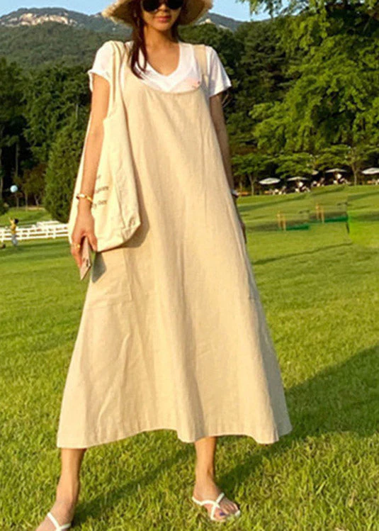 Bohemian Apricot U Neck Slim Maxi Dress Summer - Image 2