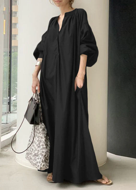 Bohemian Apricot V Neck Oversized Long Dresses Lantern Sleeve - Image 2
