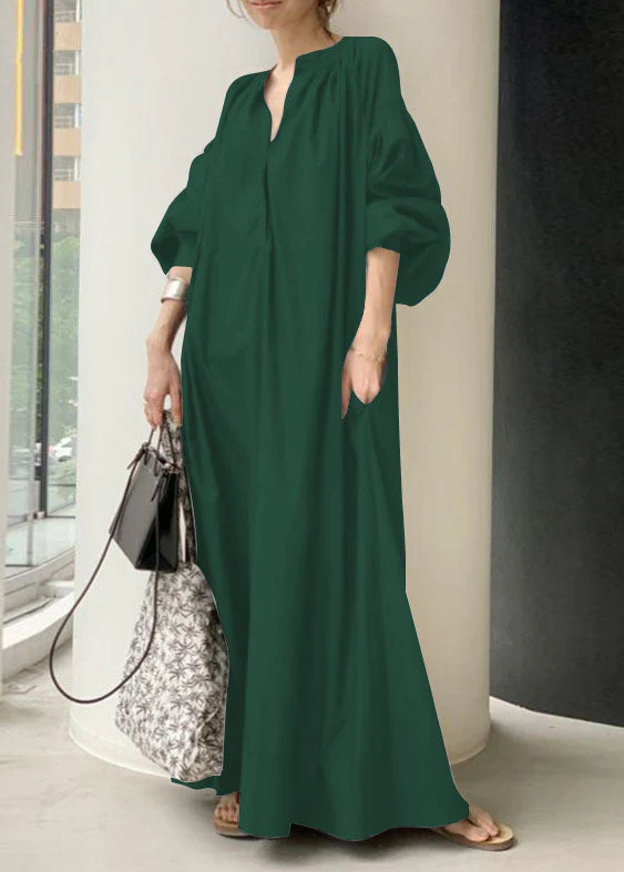 Bohemian Apricot V Neck Oversized Long Dresses Lantern Sleeve - Image 3