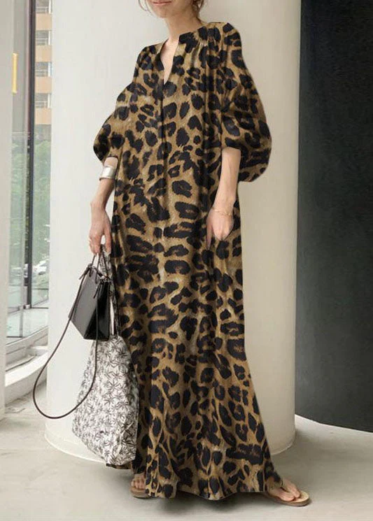 Bohemian Apricot V Neck Oversized Long Dresses Lantern Sleeve - Image 4