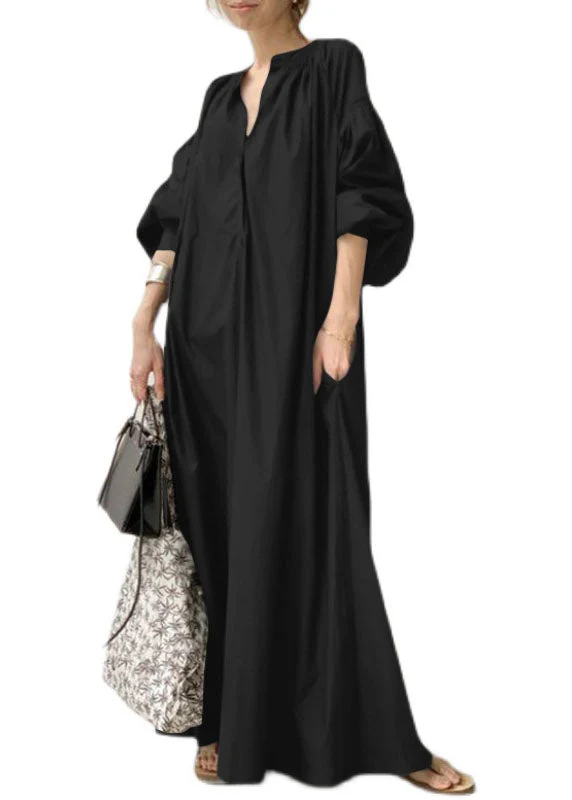 Bohemian Apricot V Neck Oversized Long Dresses Lantern Sleeve - Image 5