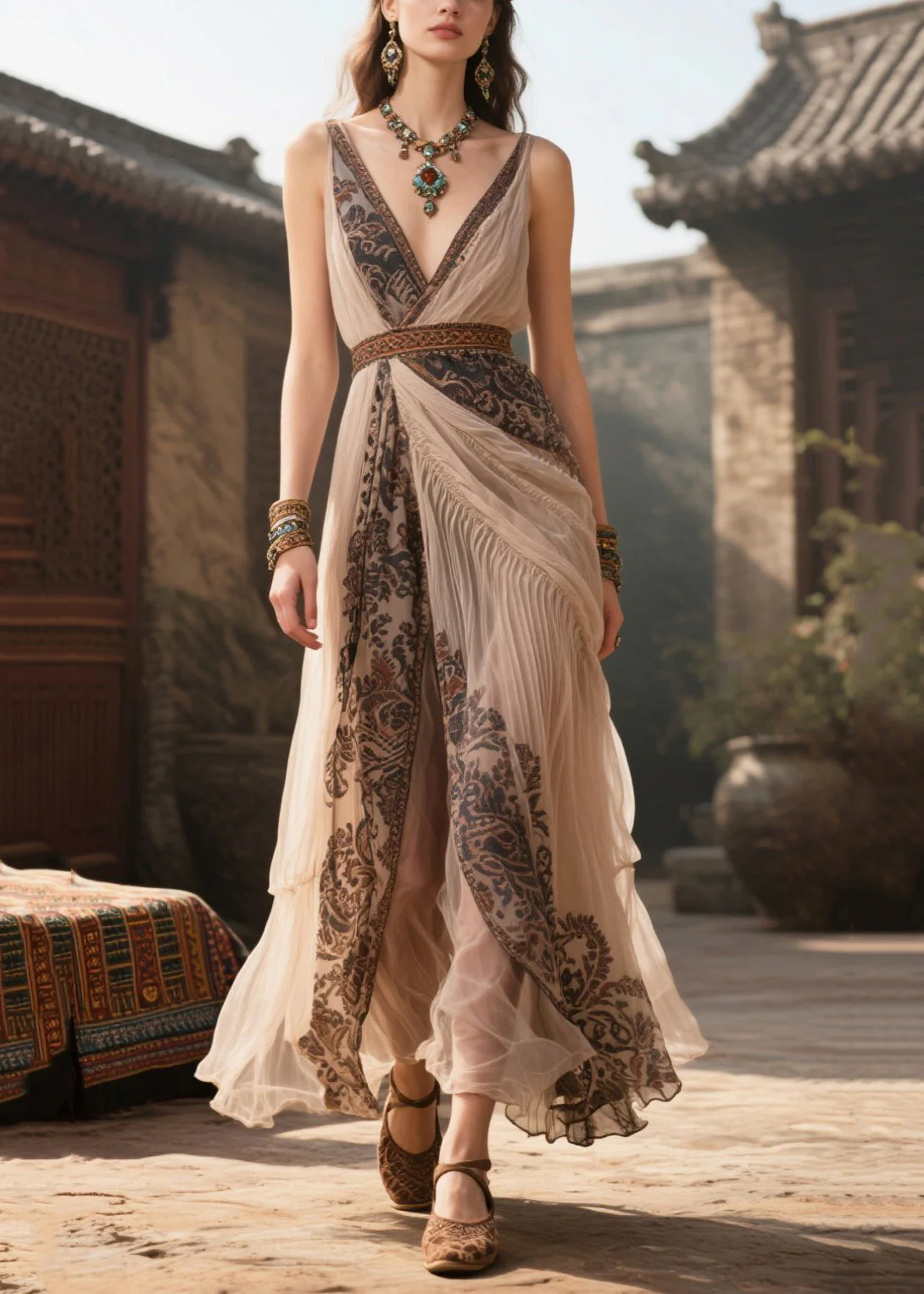Bohemian Apricot V Neck Print Chiffon Cami Dress Summer - Image 3