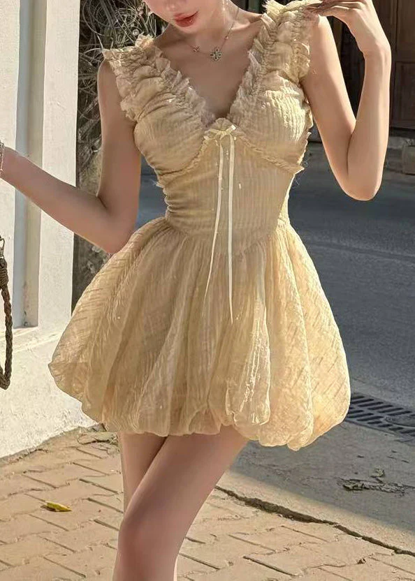 Bohemian Apricot V Neck Ruffled High Waist Tulle Mini Dress Sleeveless - Image 2