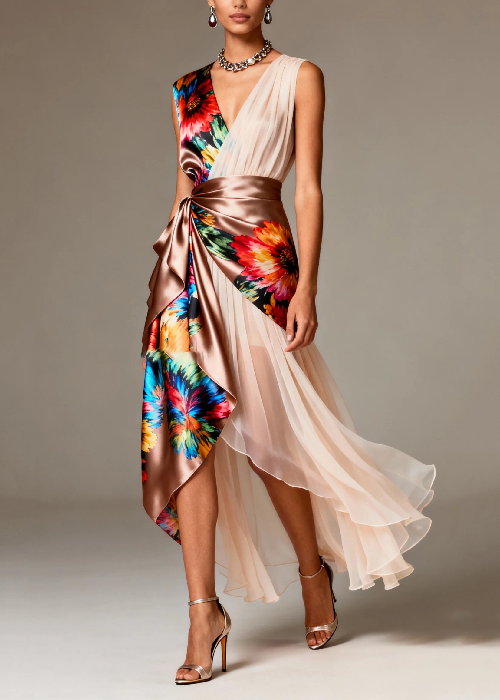 Bohemian Asymmetrical Patchwork Tulle Silk Party Dresses Sleeveless - Image 3