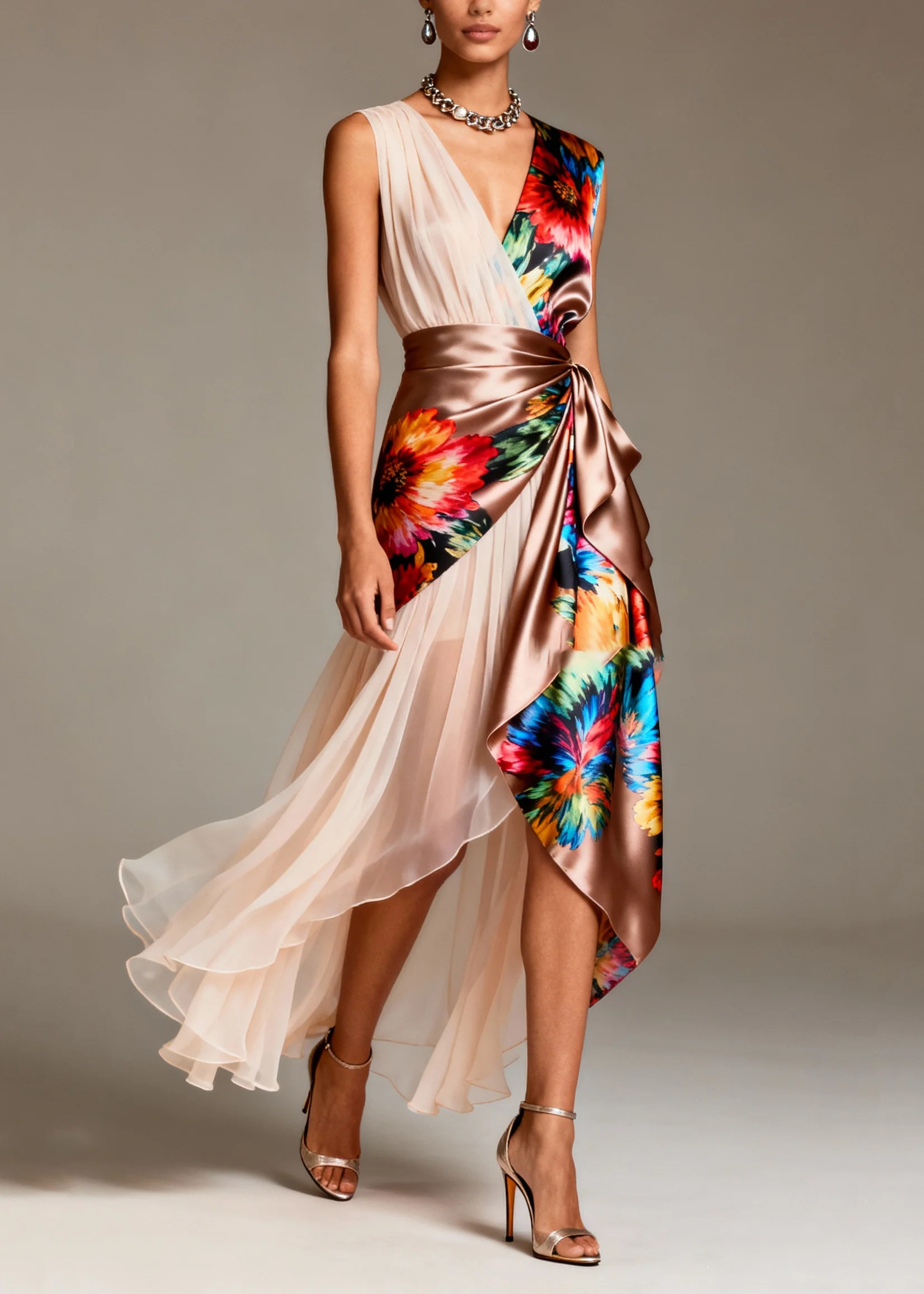 Bohemian Asymmetrical Patchwork Tulle Silk Party Dresses Sleeveless - Image 5