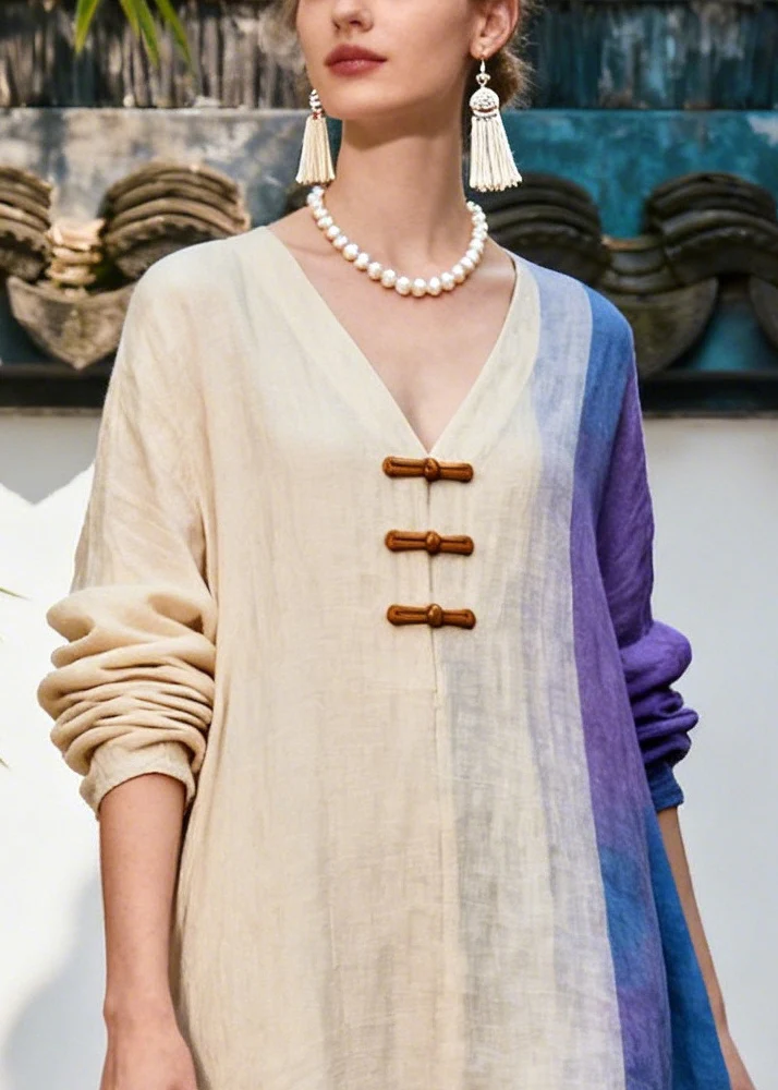 Bohemian Beige Asymmetrical Patchwork Chinese Button Cotton Dress Summer - Image 2