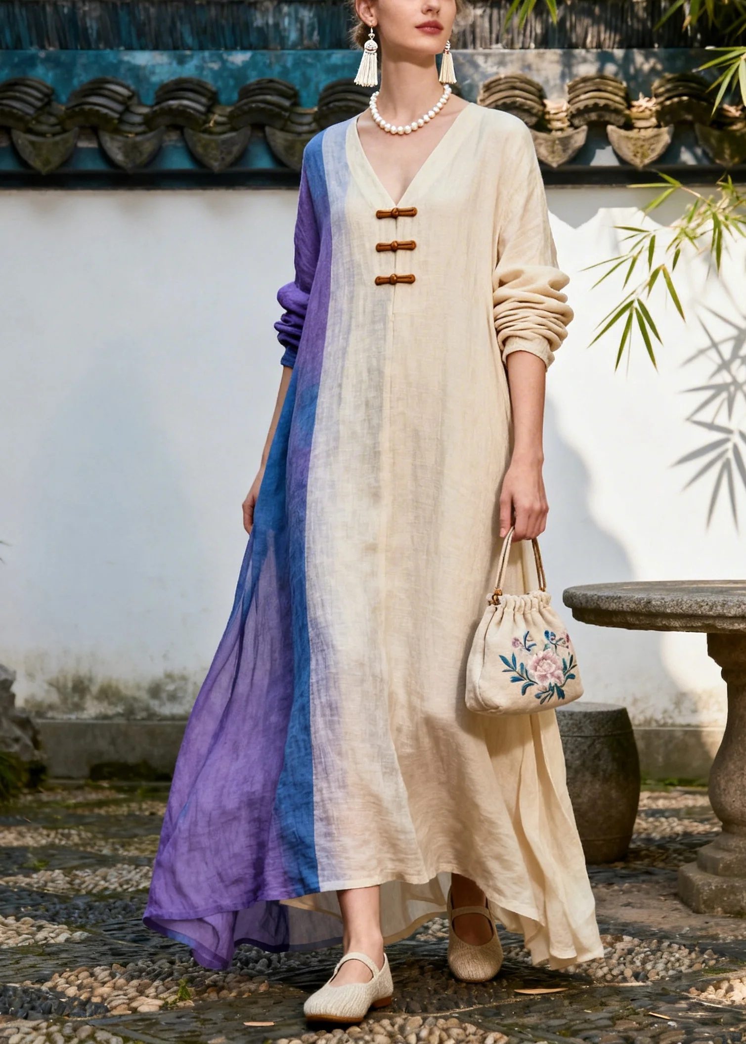 Bohemian Beige Asymmetrical Patchwork Chinese Button Cotton Dress Summer - Image 3