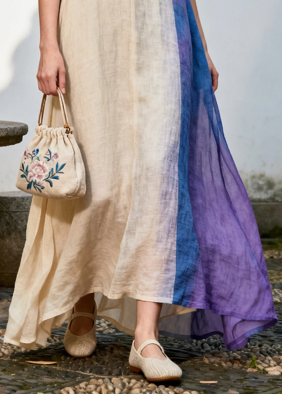 Bohemian Beige Asymmetrical Patchwork Chinese Button Cotton Dress Summer - Image 4