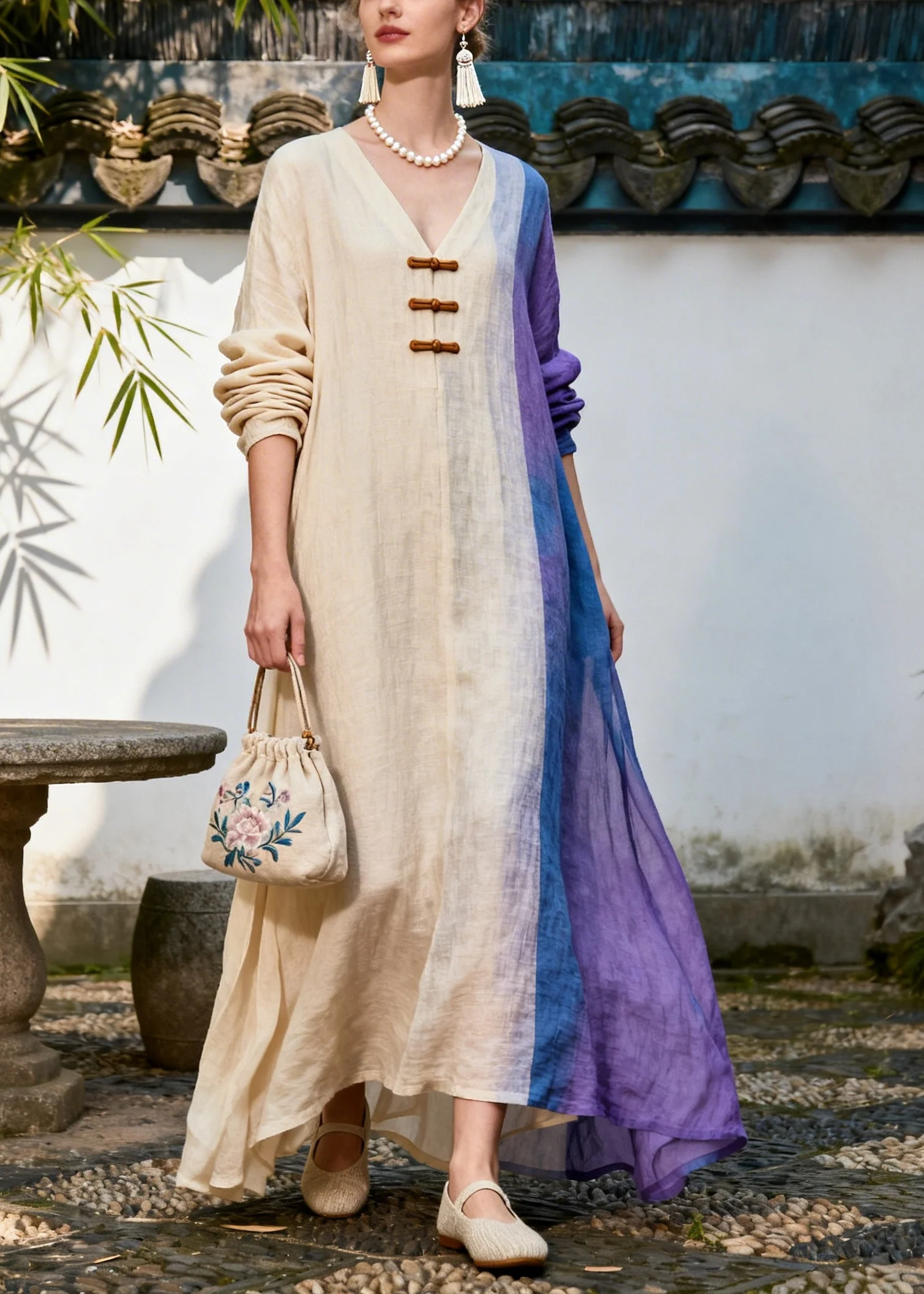 Bohemian Beige Asymmetrical Patchwork Chinese Button Cotton Dress Summer - Image 5