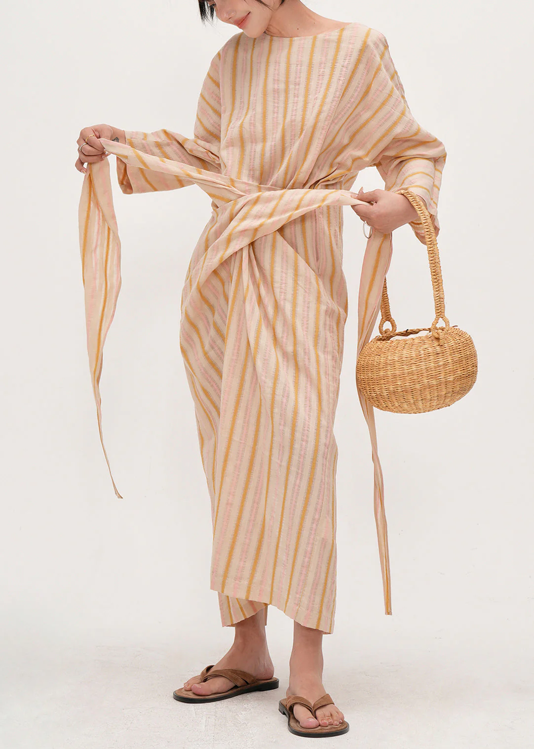 Bohemian Beige Asymmetrical Striped Cotton Tunic Dress Fall - Image 2