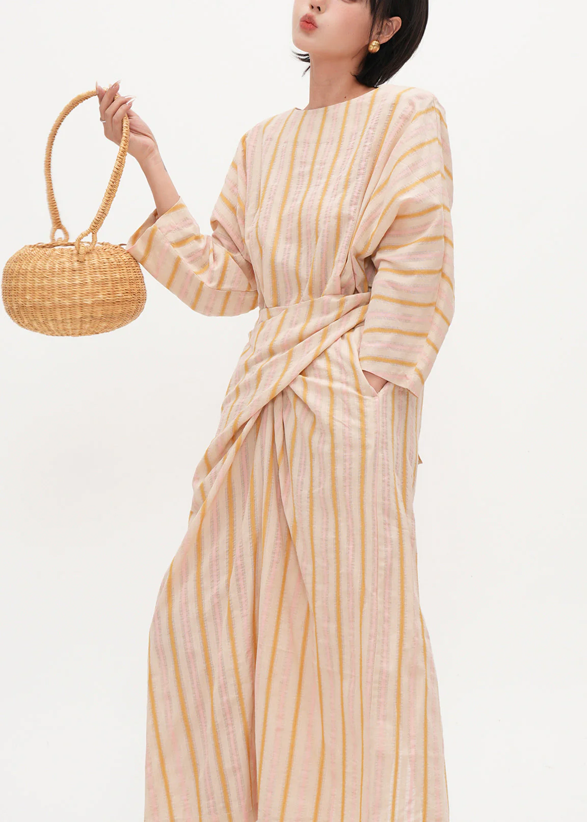 Bohemian Beige Asymmetrical Striped Cotton Tunic Dress Fall - Image 3
