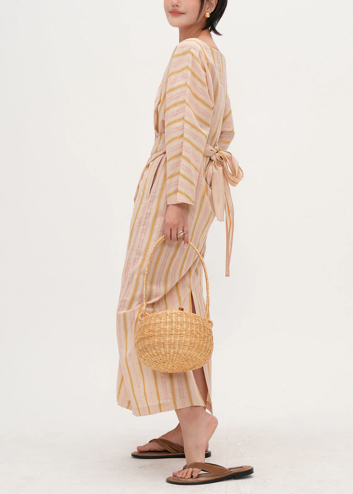 Bohemian Beige Asymmetrical Striped Cotton Tunic Dress Fall - Image 4